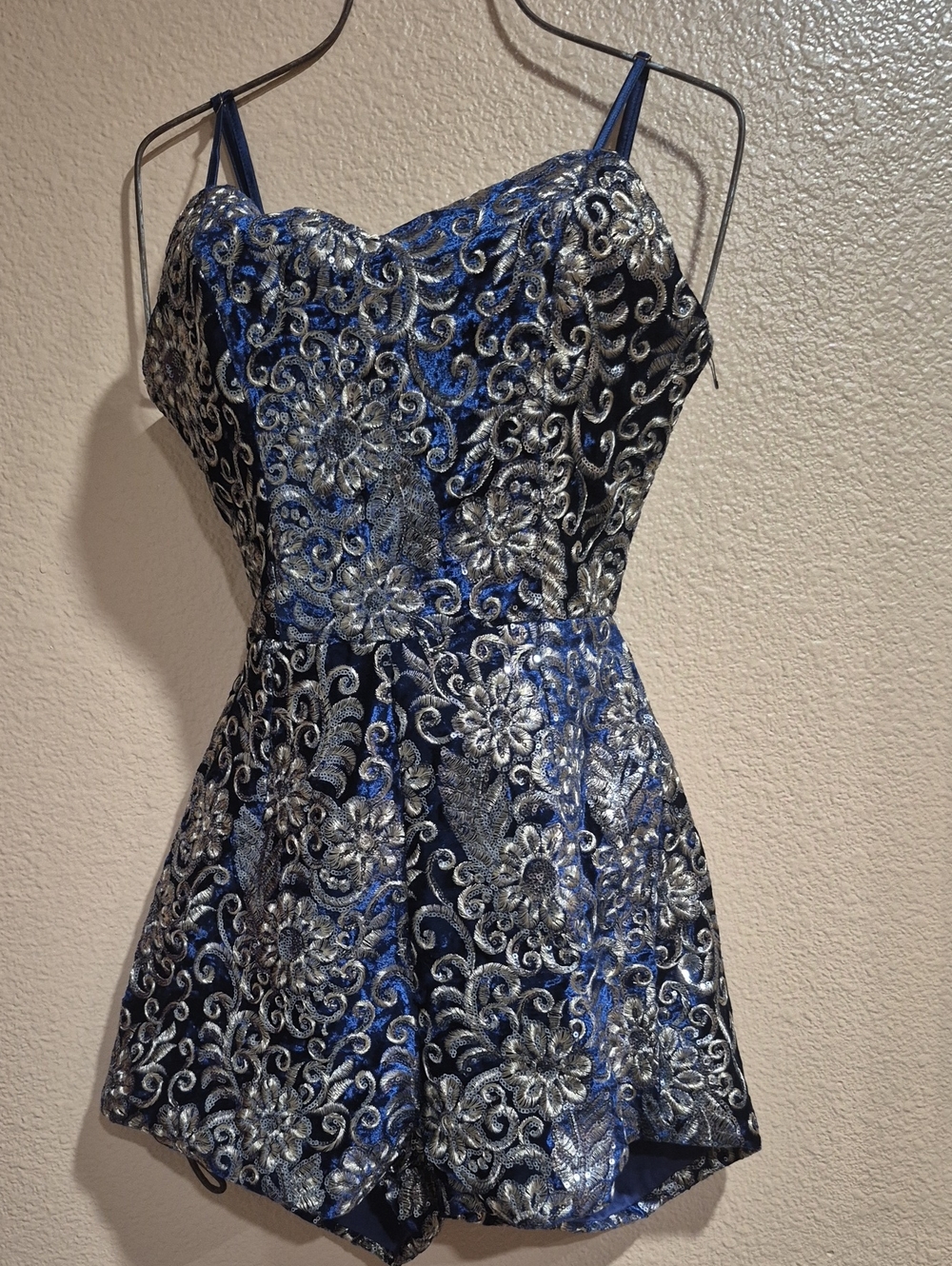 Embellished Blue & Gold Floral Romper